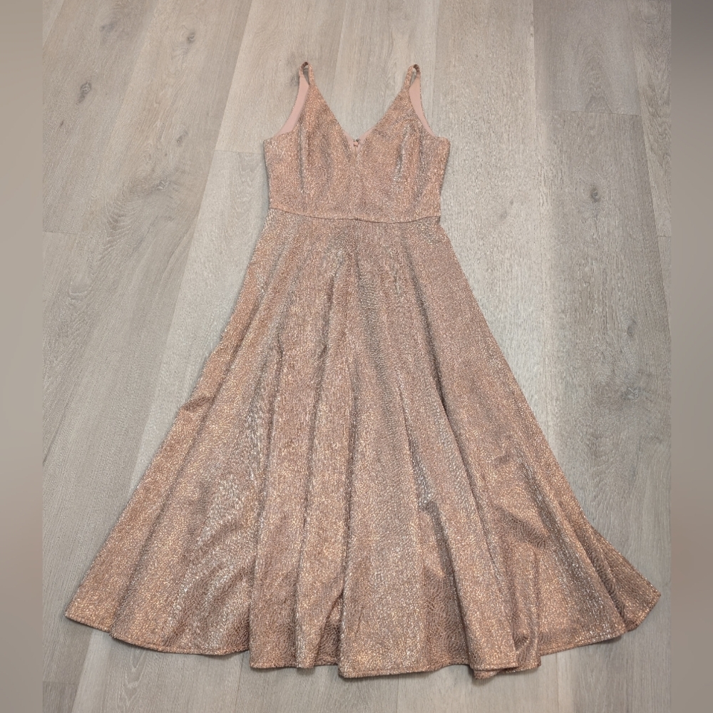 Dress the Population Rose Pink Metallic V-neck Midi Dress, Women's Small